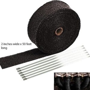 The exhaust heat wrap tape withstands extreme temperatures (1400F direct/2000F radiant) and offers high resistance to abrasions, oil spills, temperature fluctuations, and vibrations. It effectively reduces heat under the hood by up to 50% and provides a universal fit for enhancing performance in cars and motorcycles.