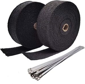 Black Fiberglass Exhaust Header Heat Wrap Kit includes 2 Rolls (2" x 50' each) and 20pcs of 11.8 Inch Stainless Steel Locking Ties.