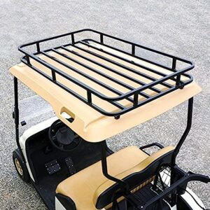 golf cart roof rack , a unique roof rack storage system, the ideal solution for hunting, storage, hauling, and luggage needs. Specifically designed for E-Z-Go TXT 94-13 models, this roof rack features a sturdy black powder-coated steel construction. With dimensions of 5"H x 32"W x 52"L, it provides ample space for your belongings.