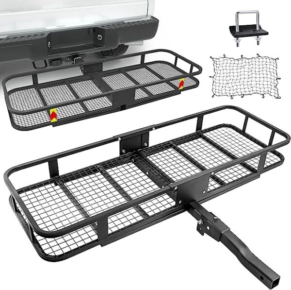 Foldable Hitch Mount Cargo Tray with Cargo Net and Anti-Rattle Stabilizer - 500 LB Capacity, 60" x 21" x 6" - Fits 2" Receiver for Car SUV Pickup