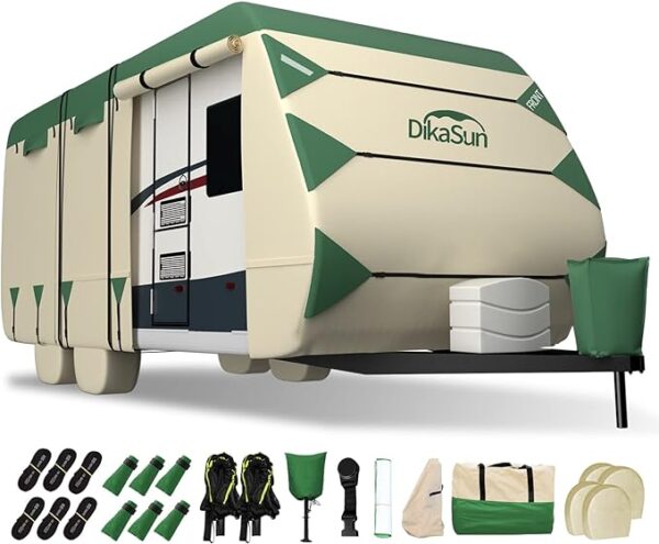 Rv Roof Cover for 14-16ft Travel Trailer - DikaSun 600D Oxford Ripstop Camper Cover with Breathable, Anti-UV, Waterproof, and Windproof Features, Includes Tire Cover, Tongue Jack Cover, Gutter Cover, and Extra Long Straps