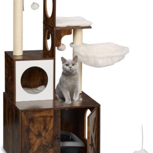 Mueble gatos grande: torre rascador + armario arenero marrón y blanco