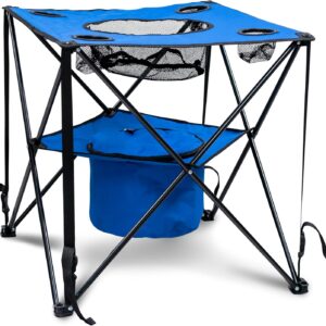 Mesa camping azul con nevera y portavasos plegable