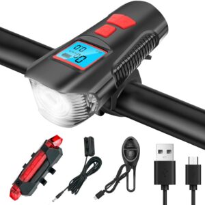 Juego luces LED bici 6 LED recargable, faro + trasera, bocinas y pantalla