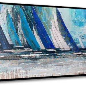Arjun Lienzo abstracto azul océano con marco negro - Arte náutico