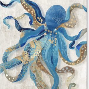Decoración de pulpo azul y dorado en lienzo 61x91 cm
