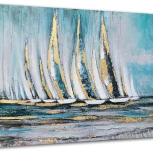 Lienzo abstracto Anolyfi: Velero oceánico en verde azulado