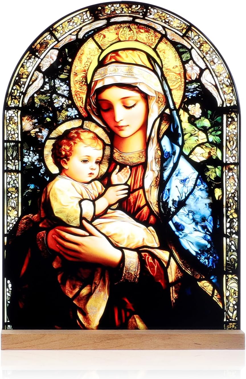 Icono Virgen María y Niño Jesús en acrílico para decoración católica
