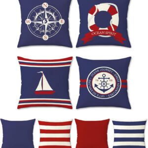 Fundas cojín náutico ancla brújula 45x45 cm - Azul/rojo - Juego 4