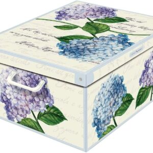 Caja almacenaje cartón Kanguru con tapa, Hortensias, mediana