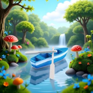 Bote de remos azul en miniatura para casas de muñecas
