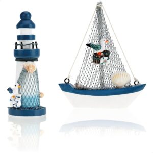 Juego decoración marítima: velero y faro de madera vintage