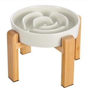 Comedero antivoracidad cerámico elevado con soporte de bambú