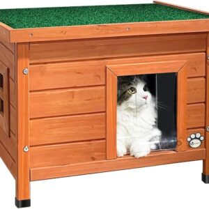 VOUNOT® Casa de madera para gatos con techo asfáltico 57x45x43cm