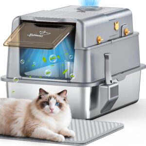 Arenero XXL de acero inoxidable para gatos con tapa abatible