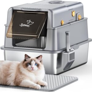 Arenero XXL para gatos de acero inoxidable con tapa abatible