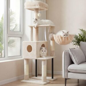 Heybly Rascador para Gatos 125 cm | Torre con Guarida Beige