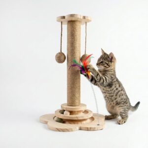 Rascador madera para gatitos Yunova con bolas y pluma