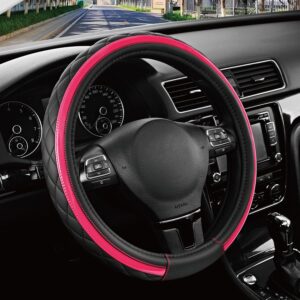 Road Comforts Funda de cuero para volante, color negro y rosa, ajuste universal de 14.5 a 15 pulgadas, piel de microfibra, diseño antideslizante y transpirable para hombres y mujeres