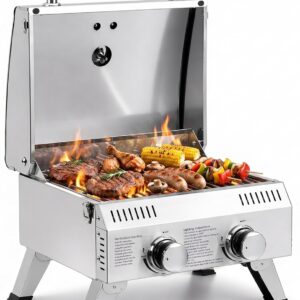 ROVSUN Parrilla de gas portátil 12.000 BTU, acero inoxidable