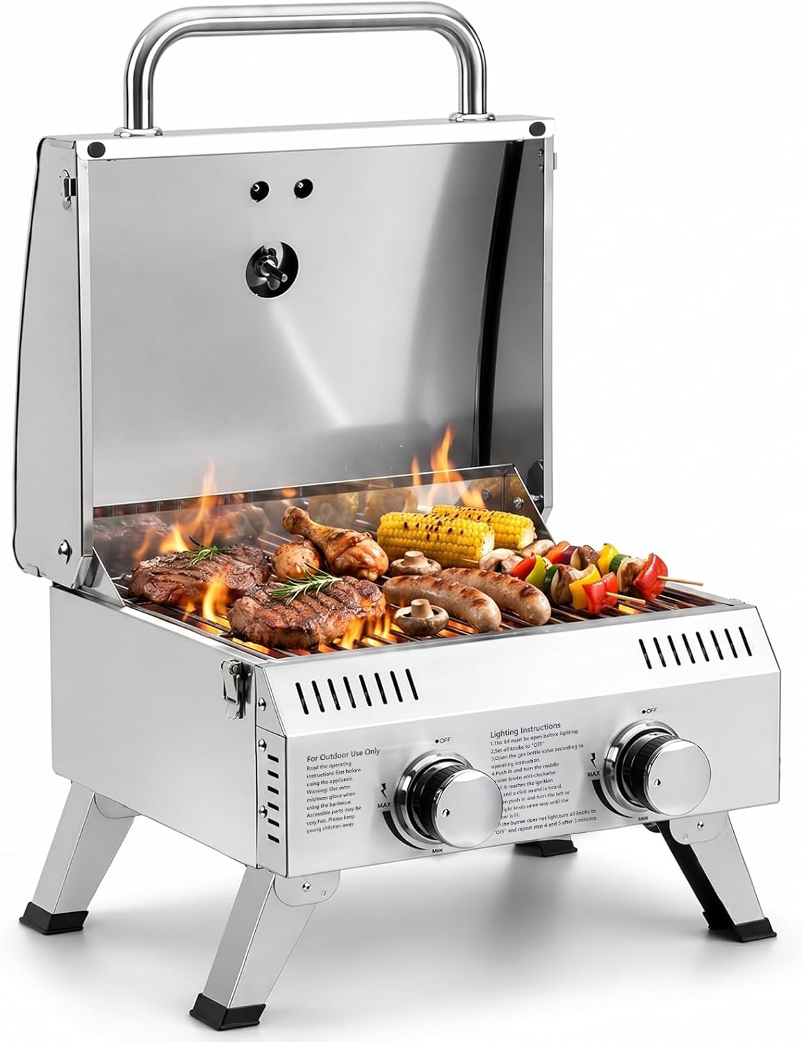 ROVSUN Parrilla de gas portátil 12.000 BTU, acero inoxidable
