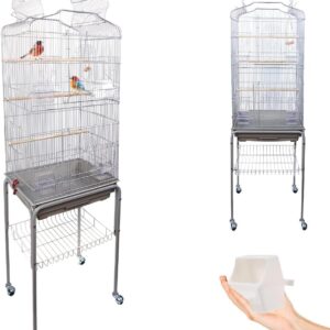 BAKAJI Jaula para pájaros con pedestal y ruedas, gris