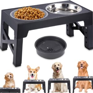 Comedero elevado para perro con 3 cuencos y bebedero negro