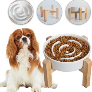 Comedero cerámica antivoracidad para perro + soporte bambú blanco 17 cm