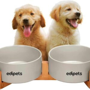 Comedero doble para perro/gato Edipets, cerámica + bambú, gris, mediano