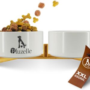 Comedero Perro Elevado 2X 850ml - Estación Cerámica & Bambú (XXL) - bluzelle