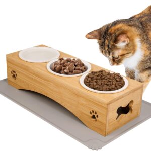 Comedero elevado para gatos con soporte de bambú (3 x 300 ml)