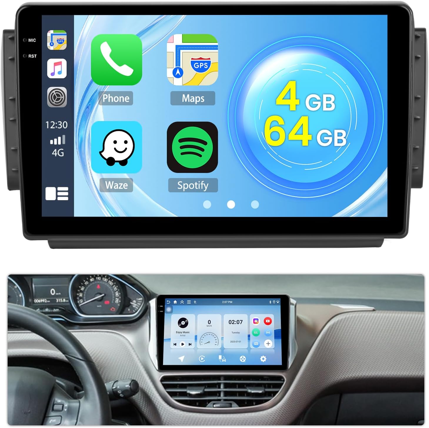 Radio Android Roinvou 10" para Peugeot 208/2008 (2012-2018) con CarPlay