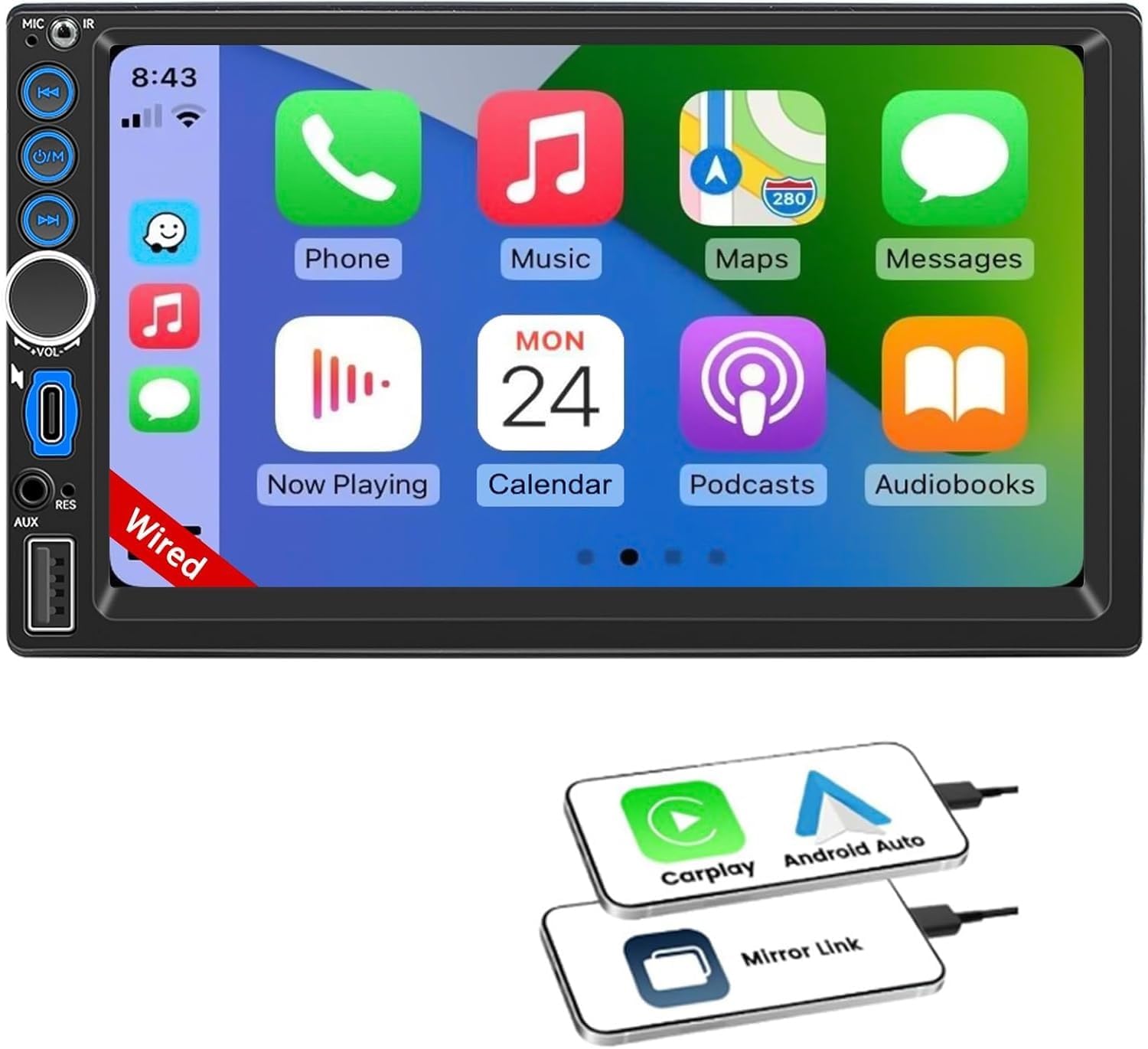 Autorradio Doble DIN 7" CarPlay Android Auto, Pantalla Táctil