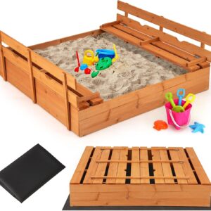 COSTWAY Arenero de madera con tapa y bancos plegables