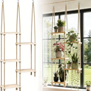 Estantería colgante 5 niveles madera y cuerda bohó | FTISSLY