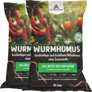 Humus de lombriz Alpenwurm, 20 l (2 x 10 l), abono orgánico puro