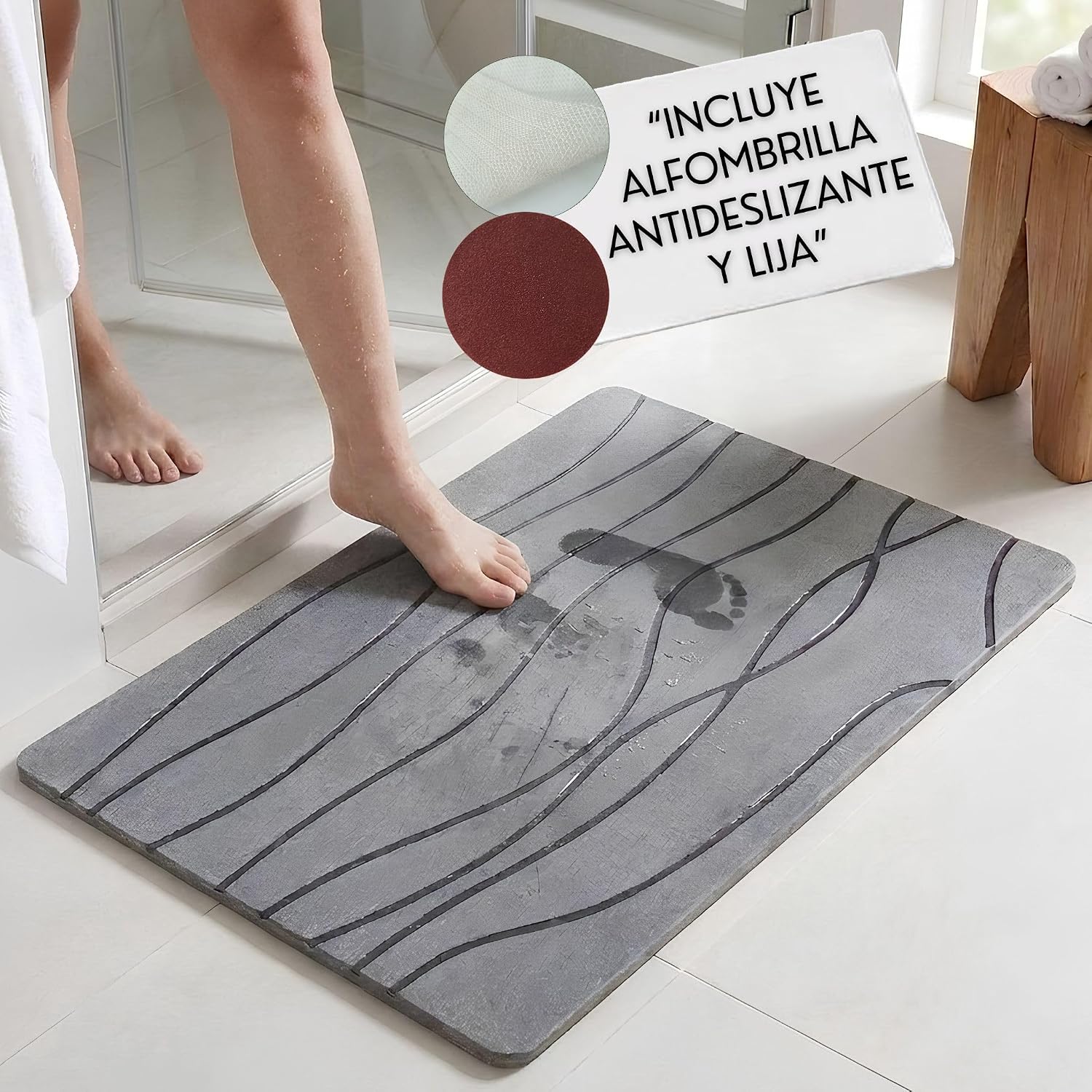 Alfombra baño diatomita 60x40 cm POPYS con malla antideslizante