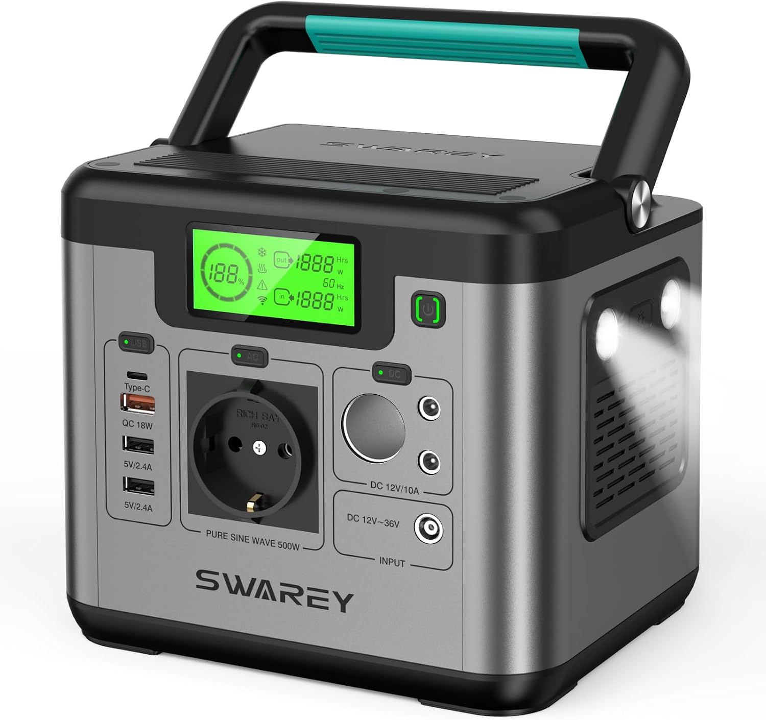 SWAREY S500: Estación solar 518Wh, 500W/1000W CA, ideal para camping