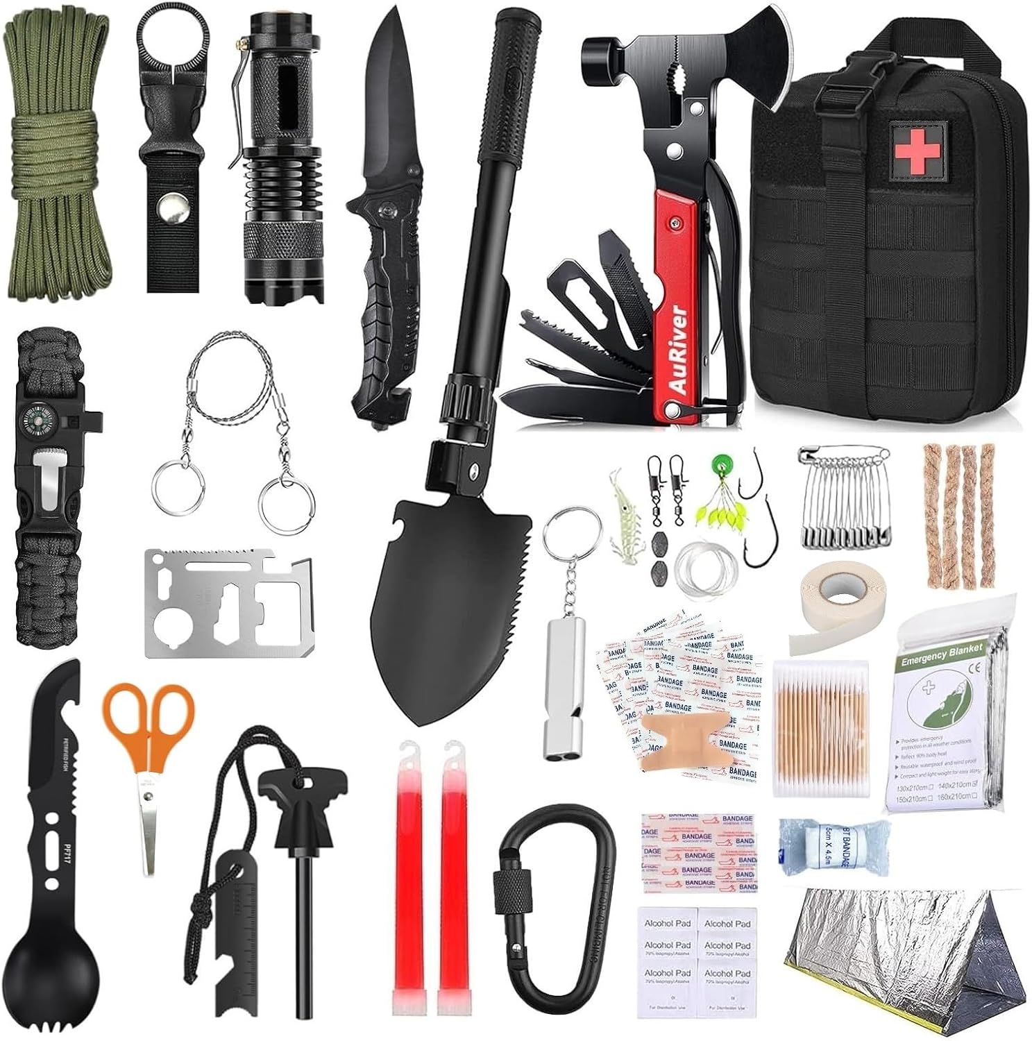 Kit supervivencia COSHANO: botiquín + hacha multifunción (28 uds)
