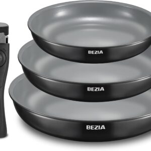 BEZIA Juego 3 sartenes antiadherentes con mango extraíble
