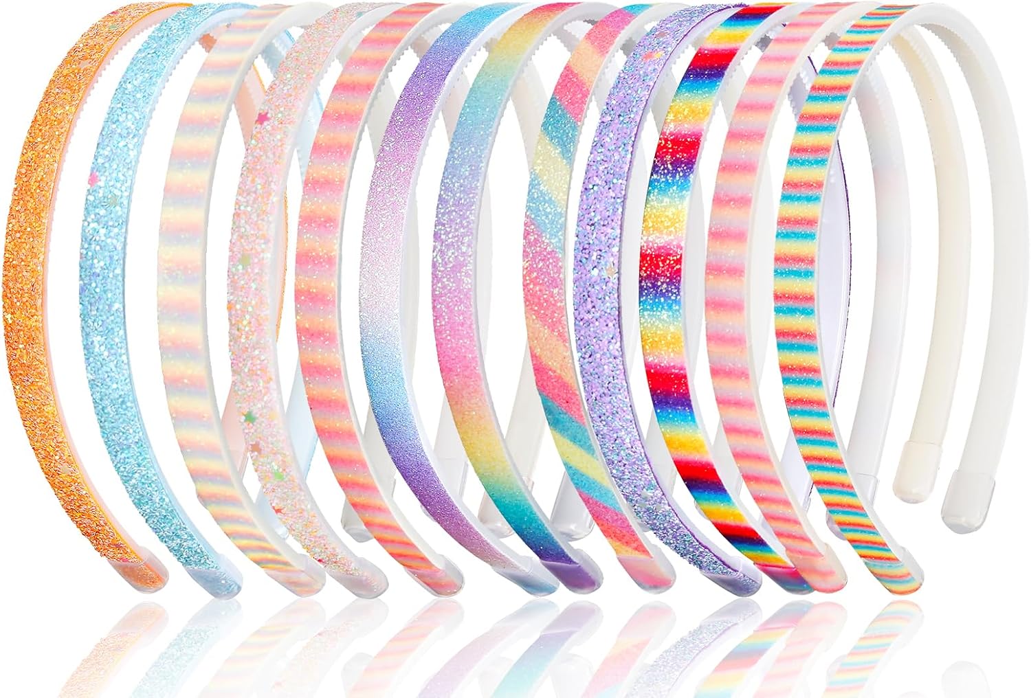 12 Diademas de plástico unidas con purpurina – Accesorios coloridos para niñas