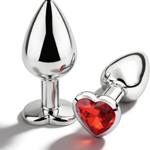 Juego de 2 Plugs anales metálicos con joya roja para principiantes