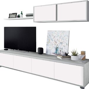 Mueble salón Alida blanco y gris cemento 200 cm