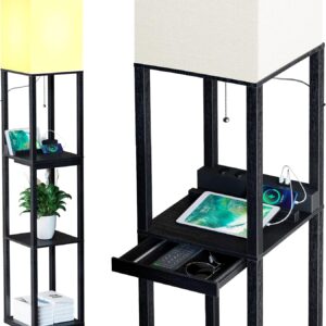 Lámpara de pie SUNMORY madera con carga USB y cajón negro