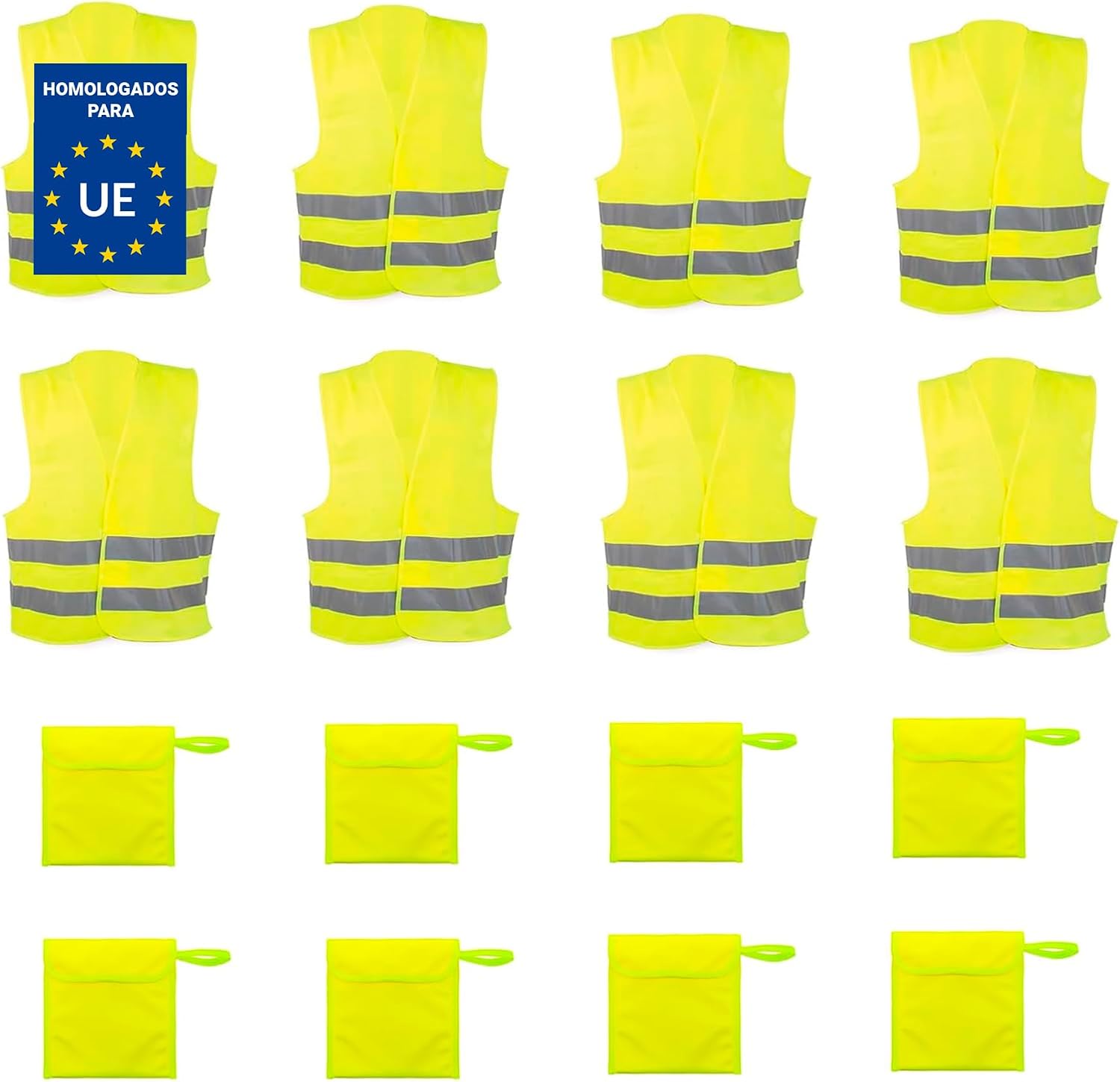 Chalecos reflectantes amarillos homologados DGT + fundas (Pack 8 uds.)