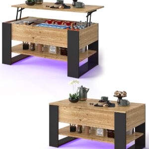 Mesa centro elevable con luz LED, madera roble, 92x50 cm