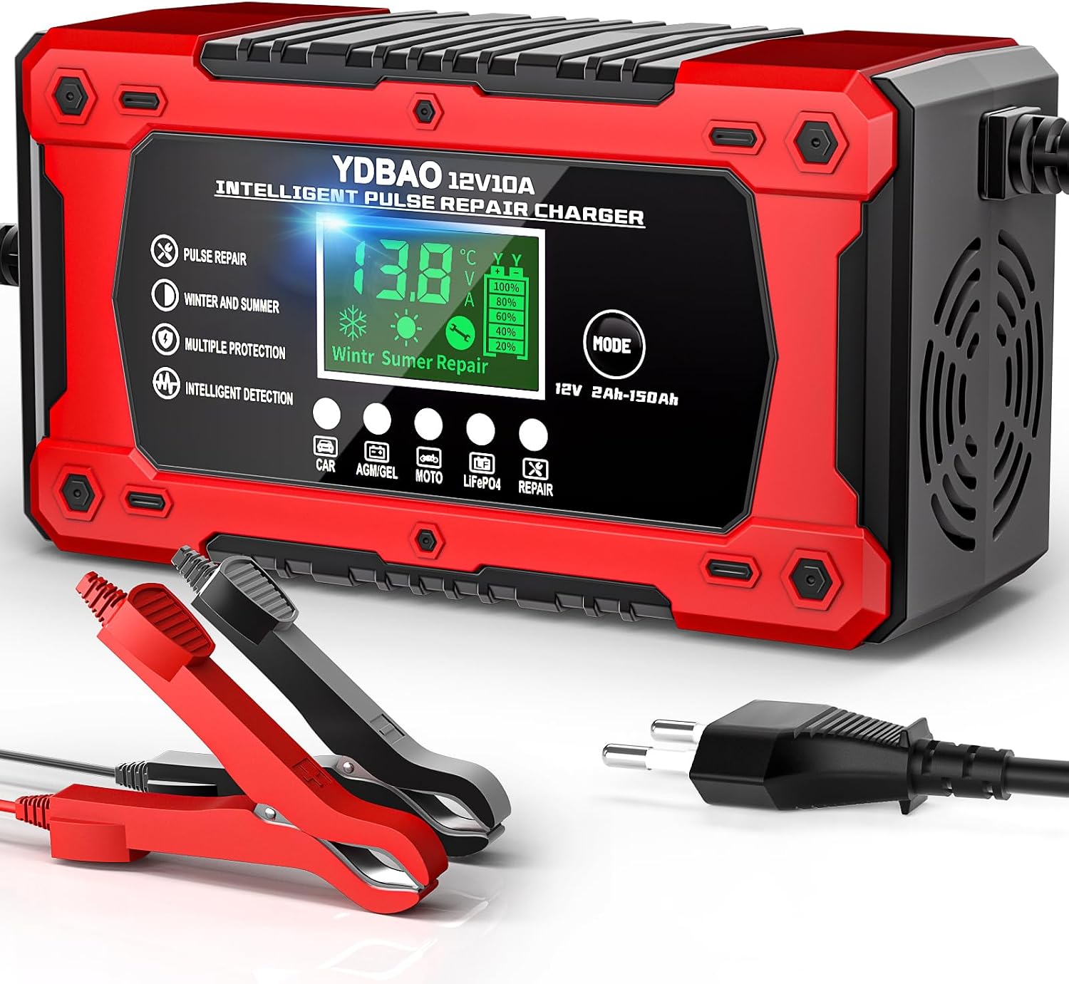 Cargador batería coche 12V 10A inteligente YDBAO con LCD