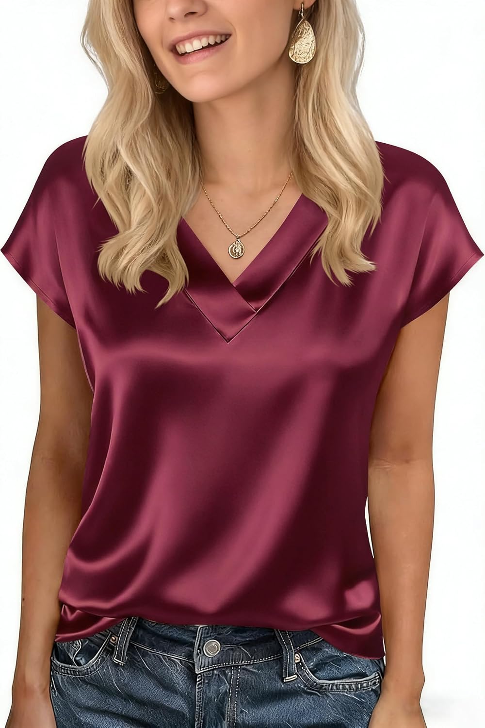 Blusa satén mujer elegante manga corta cuello V verano casual oficina