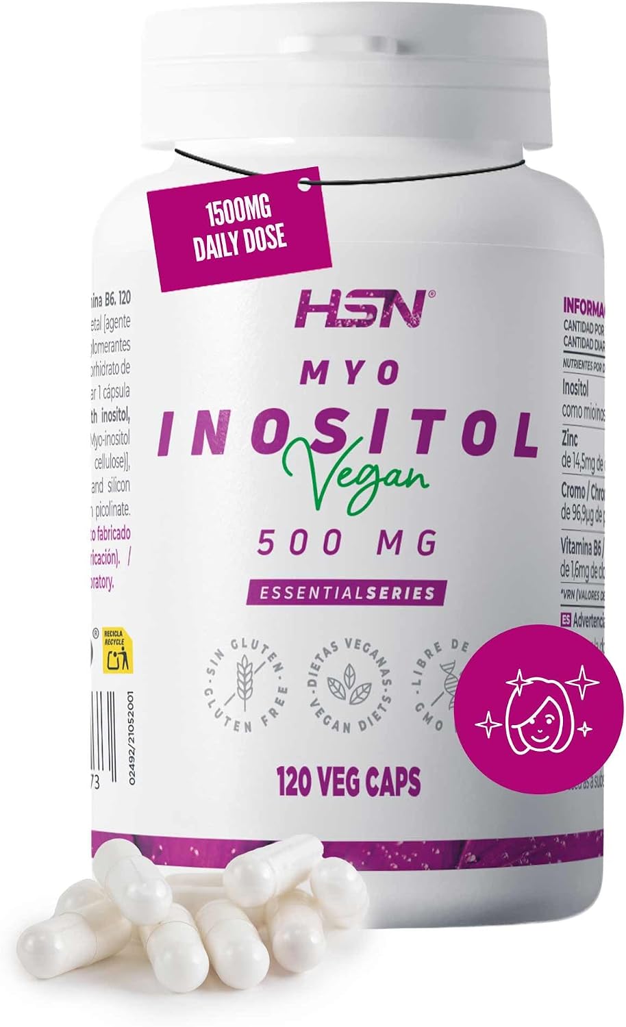 HSN Inositol 500mg - 120 cápsulas | Mioinositol + Zinc, Cromo y B6