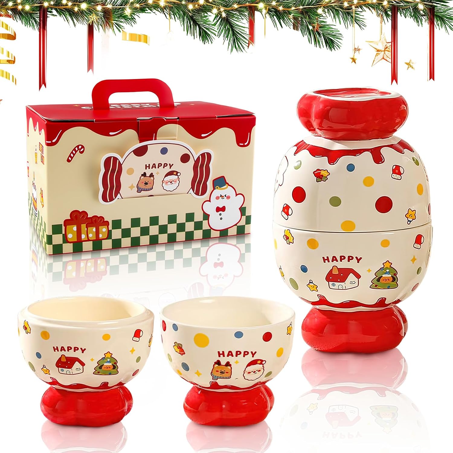 2 Tazas Navideñas de Cerámica con Diseño de Caramelo